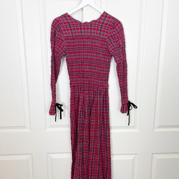 Damson Madder Alice Red Plaid Shirred Midi Dress Drop Waist Velvet Trim Sz 6 - Picture 3 of 11